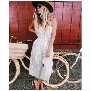 Anthropologie Cream and Light Blue Striped Cropped Jumpsuit